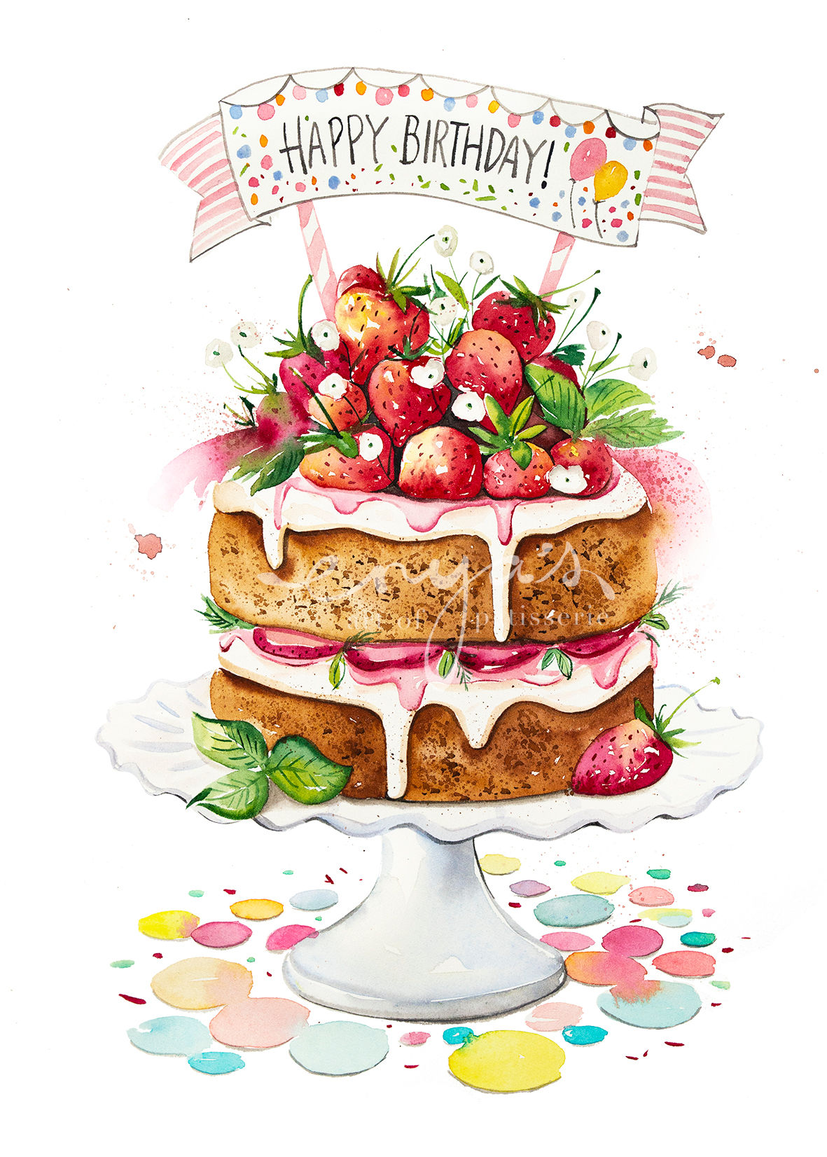 An original painting – Summer Strawberry Birthday Cake