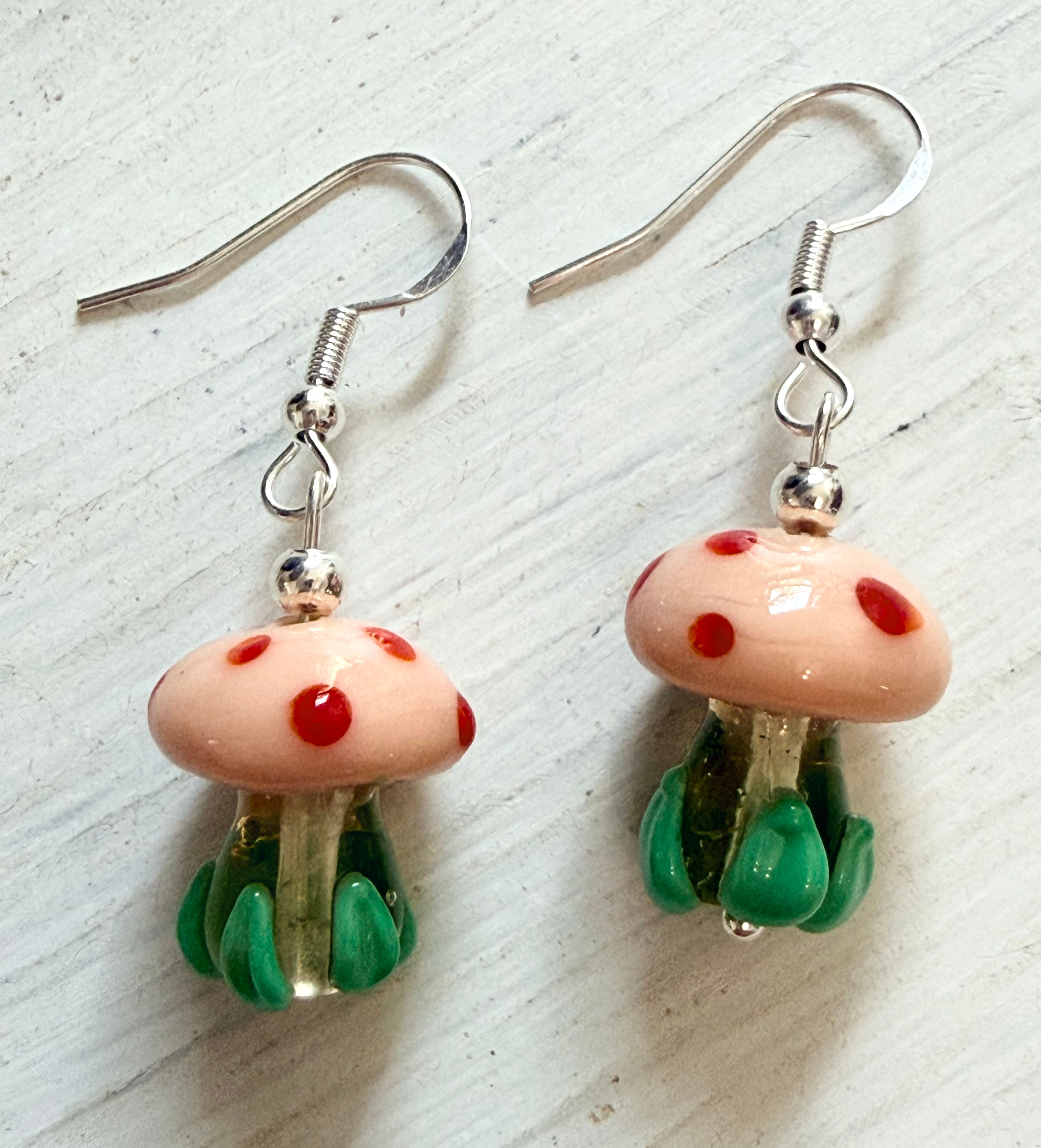 Glass Mushroom Earrings – S925 Sterling Silver Hooks