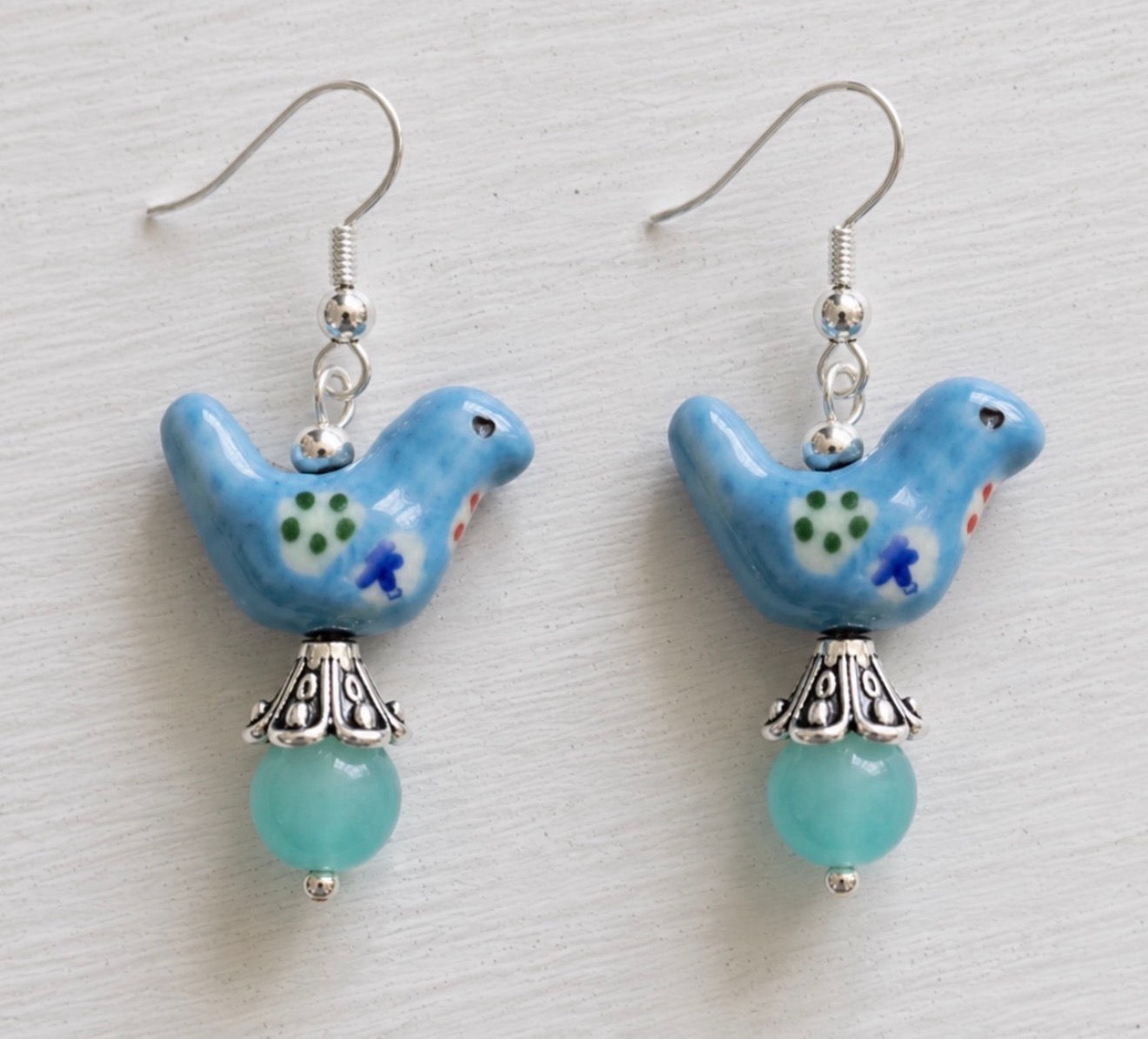 Porcelain Floral Bird Earrings – 925 Sterling Silver Hooks