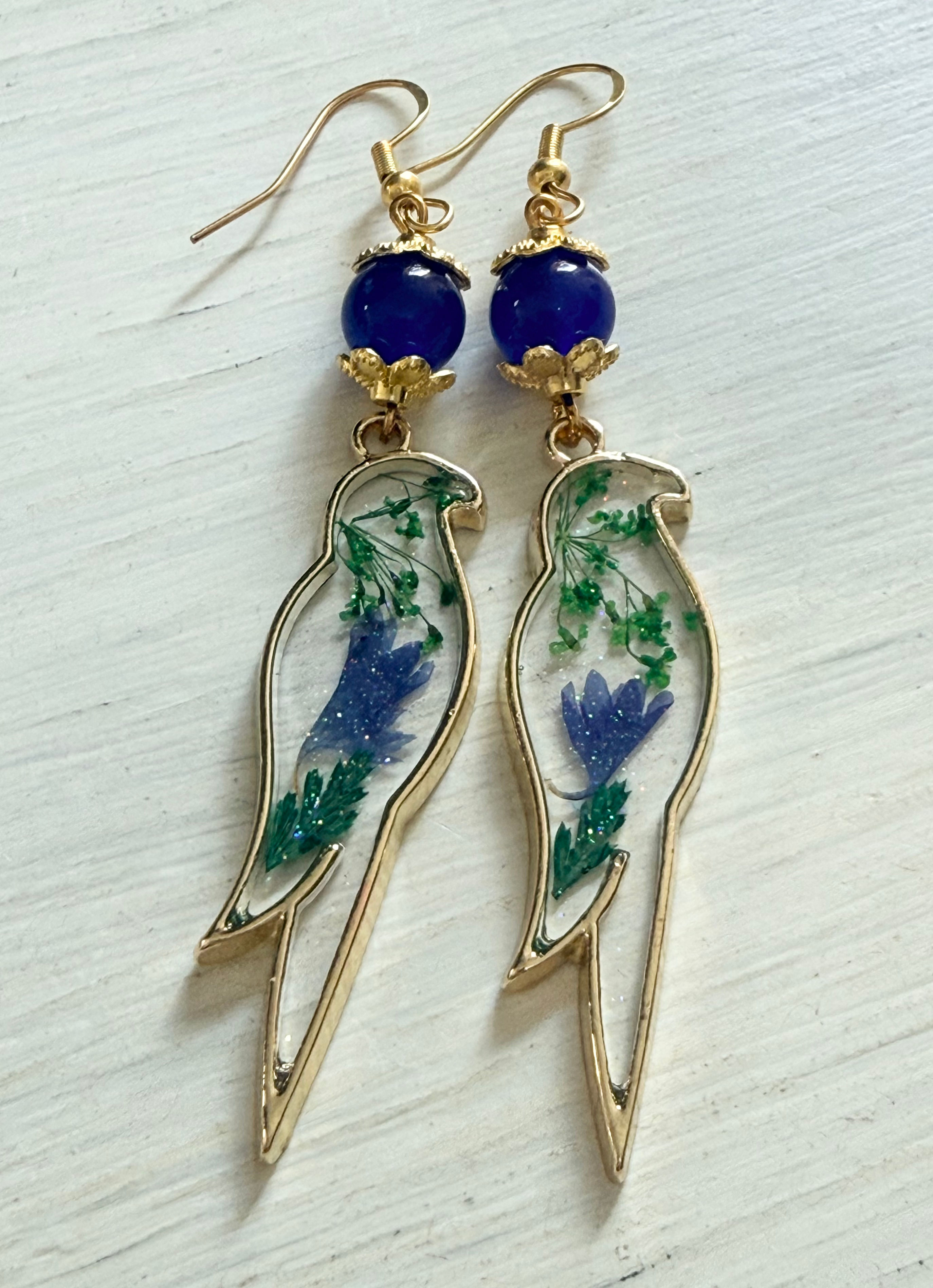 Dried Flower Bird Earrings – 14K Gold-Dipped S925 Sterling Silver Hooks