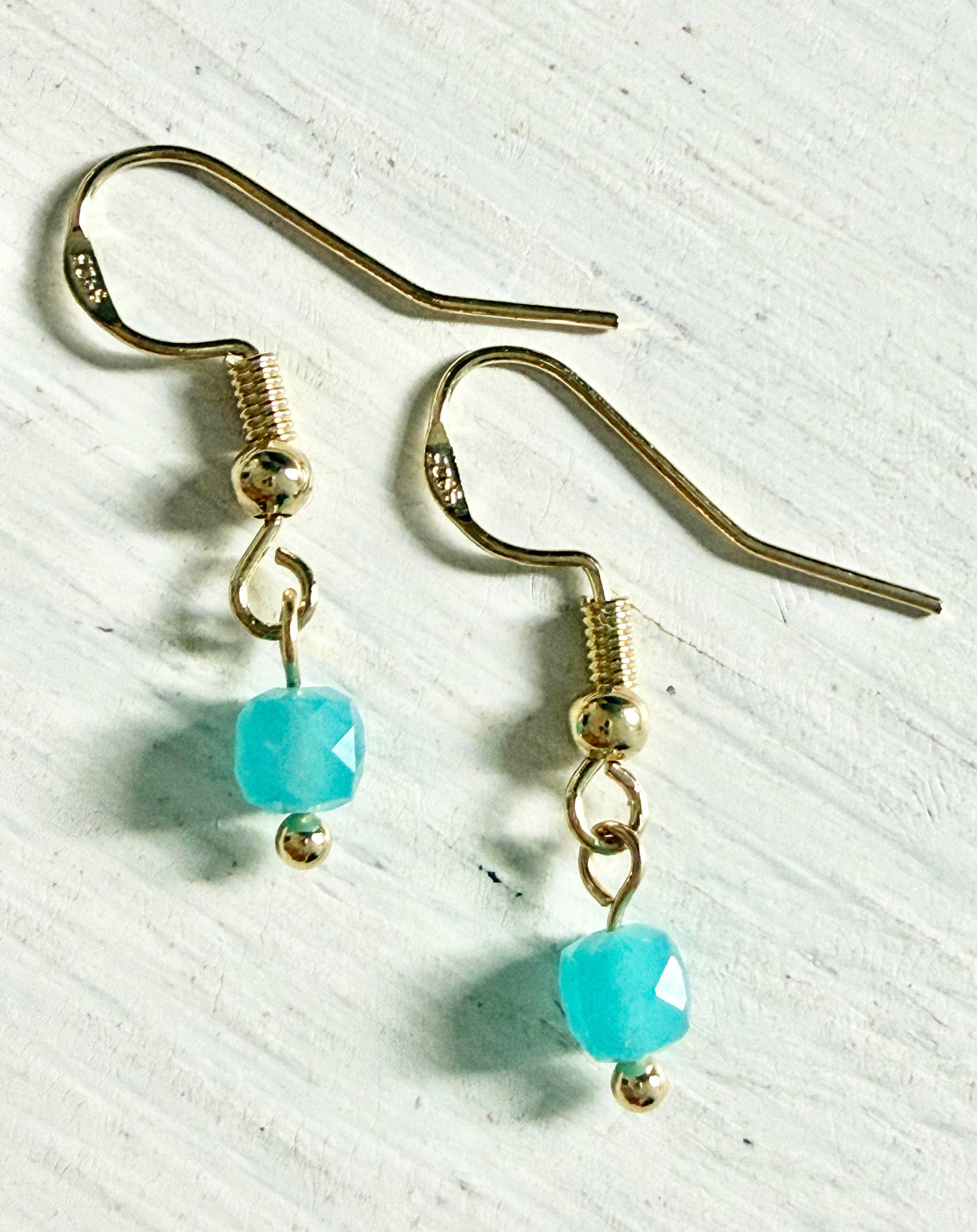 Natural Amazonite Dainty Drop Earrings | 14K Gold Dipped S925 Silver