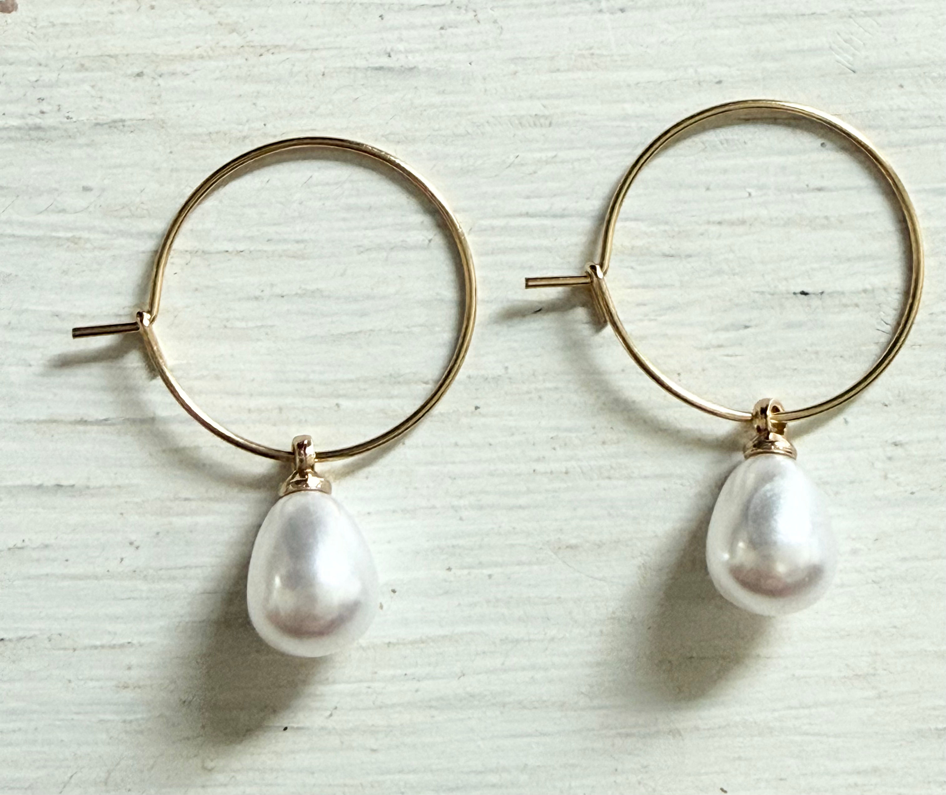 Classic Pearl Drop Hoop Earrings Gold Stainless Steel Hoops