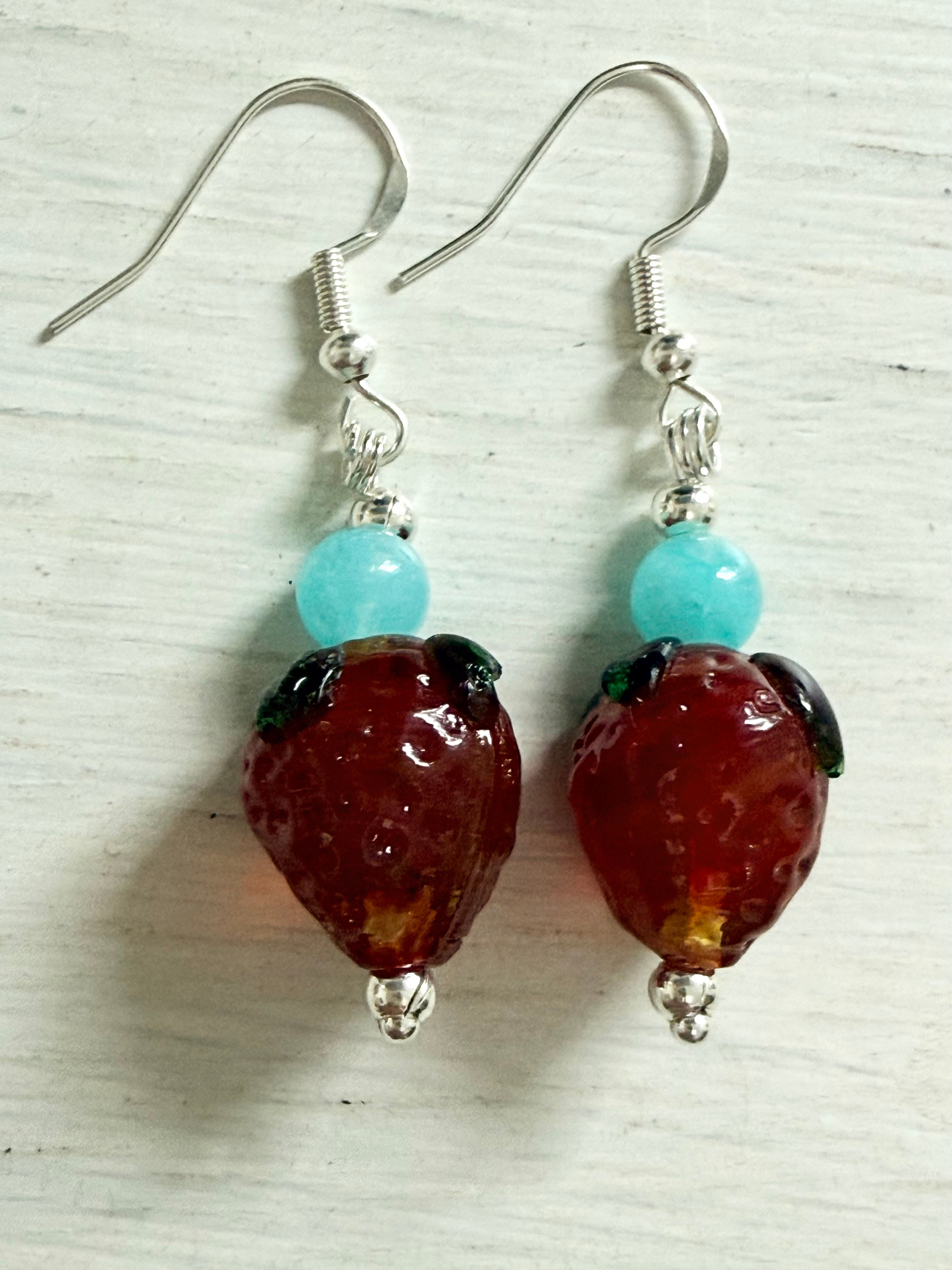 Glass Strawberry Earrings, Amazonite, S925 Sterling Silver Hooks