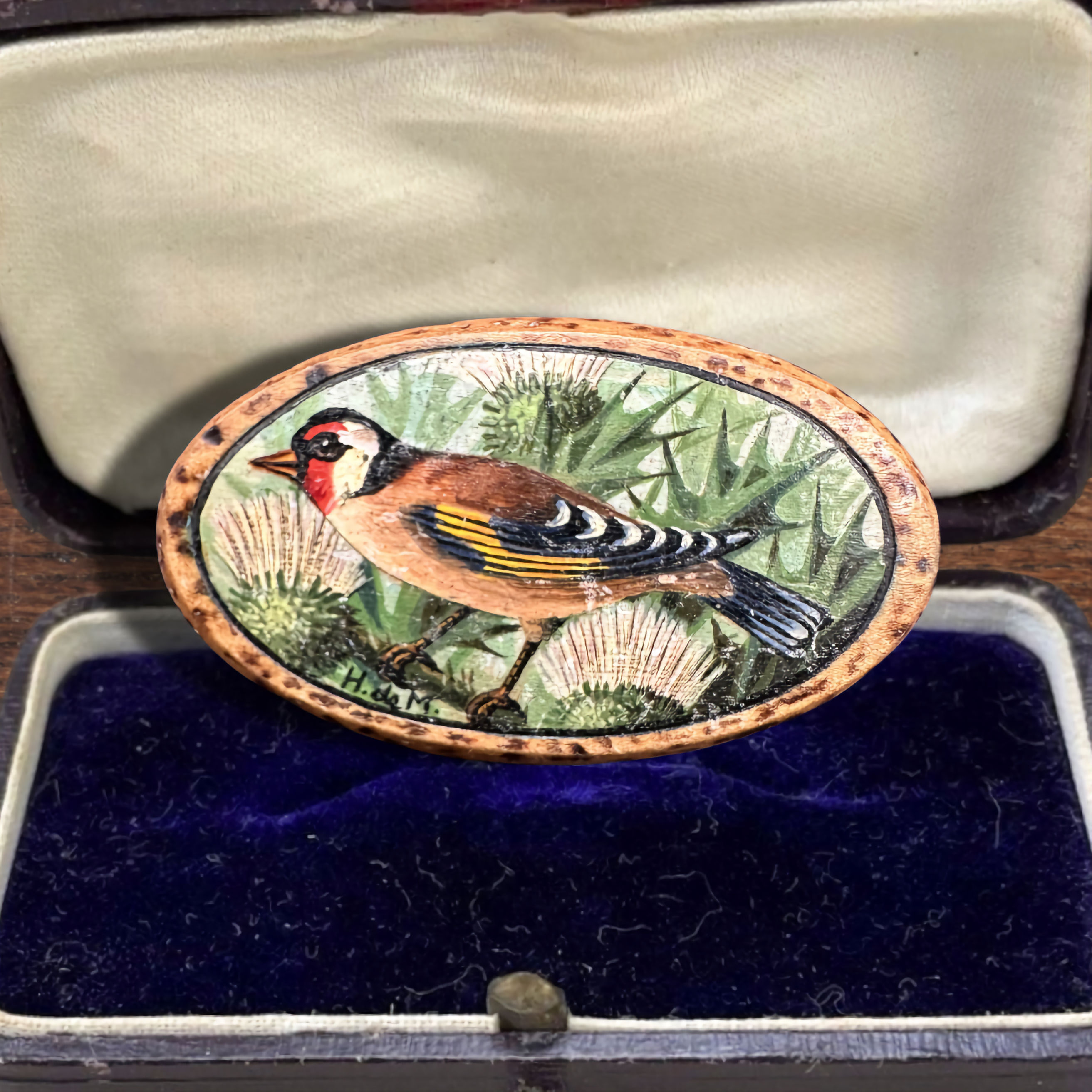 VINTAGE - Signed French Handpainted Goldfinch BROOCH