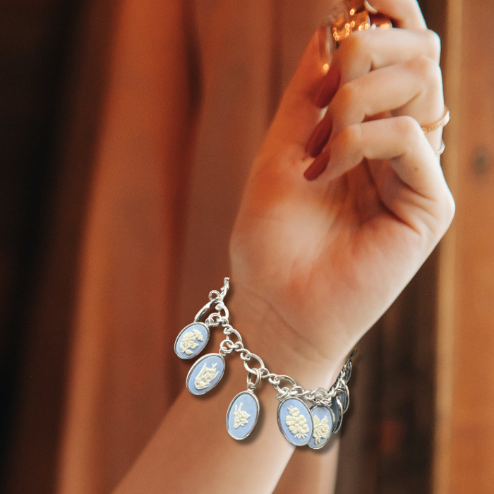 Thumbnail: MIDCENTURY - RARE WEDGWOOD “Language of Flowers” 12-Charm BRACELET; Original BOX