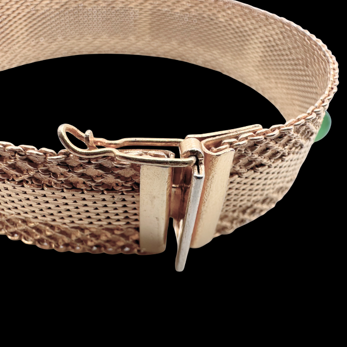 Thumbnail: MIDCENTURY – Vintage French Gold-Filled Mesh & Green Cabochon BRACELET