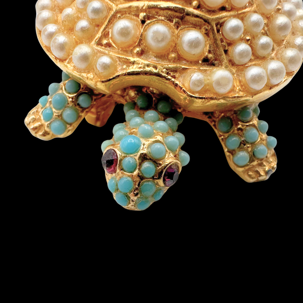 Thumbnail: MIDCENTURY – LARGE Vintage French Pearl, Garnet & Paste TURTLE Brooch