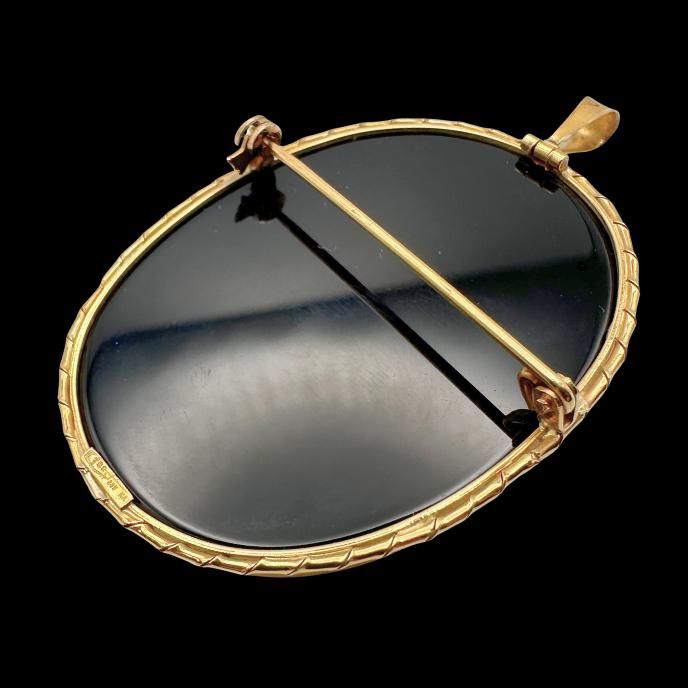 Thumbnail: ART NOUVEAU REVIVAL – Vintage 18k Gold & Blue Agate CAMEO Pendant-Brooch