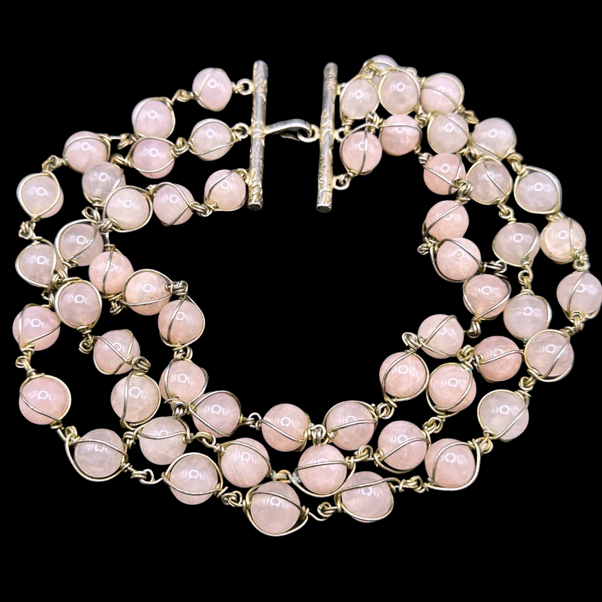 Thumbnail: VINTAGE - Signed NINA RICCI Sterling Silver & Rose Quartz COUTURE Necklace