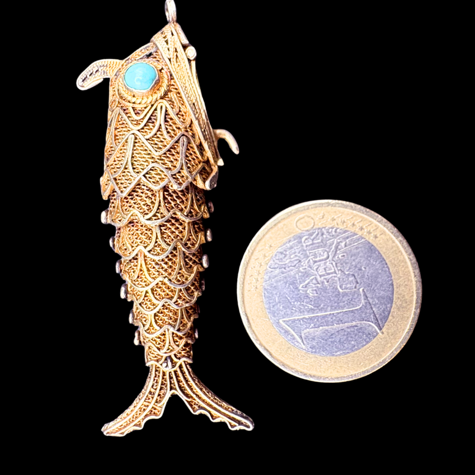 Thumbnail: VICTORIAN - Gold Vermeil & Turquoise Articulated Fish LOCKET, Secret Compartment
