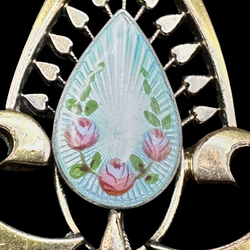 Thumbnail: ART NOUVEAU - Antique French Handpainted Guilloché Enamel & Rolled Gold PENDANT