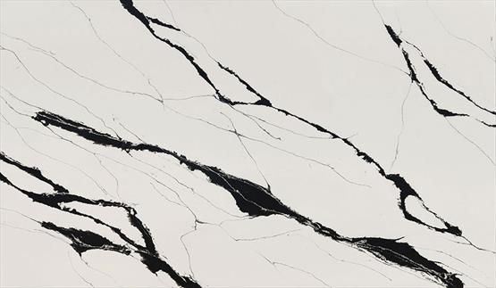 COMPAC Unique Calacatta Black engineered stone surface with a white base cut through with bold black and charcoal marble-style veins