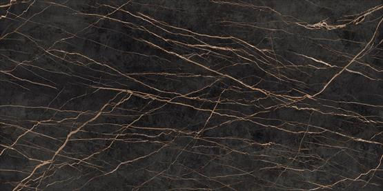 UniCeramica Laurent porcelain stone surface with a deep black base crossed by fine white and warm-gold marble-style veining