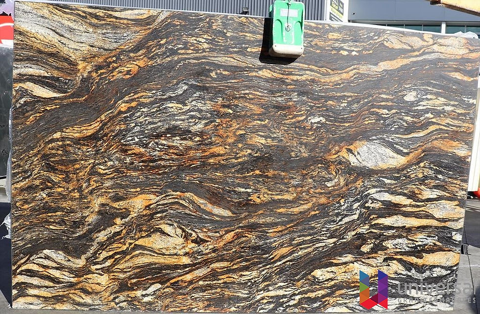 Titanius Elite dark charcoal and black granite slab with bronze, caramel and smoky grey mineral movement.