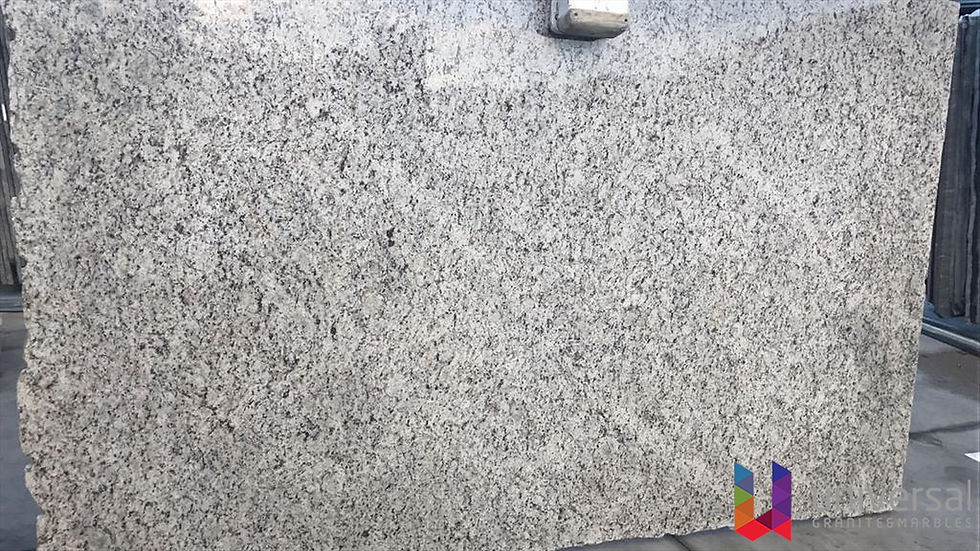 White Marfim Giallo Ornamental Entry creamy white granite slab with fine beige, grey and warm mineral crystals.