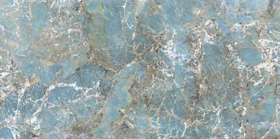 Ascale Amazonite porcelain stone surface with a vivid blue-green base layered with white, gold and mineral-style veining