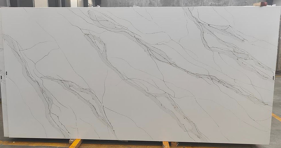 COMPAC Unique Macchia Vecchia engineered stone surface with a white base layered with grey, warm taupe and golden marble-style veining