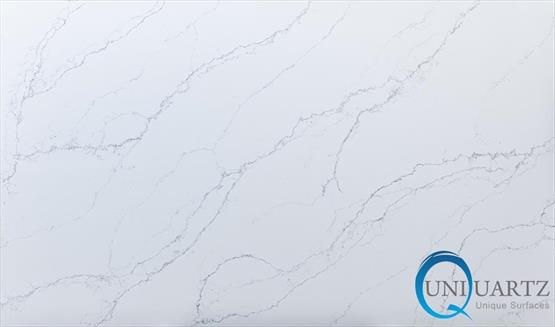 UniQuartz Splendour White engineered stone surface with a bright white base with fine, feathery grey veining