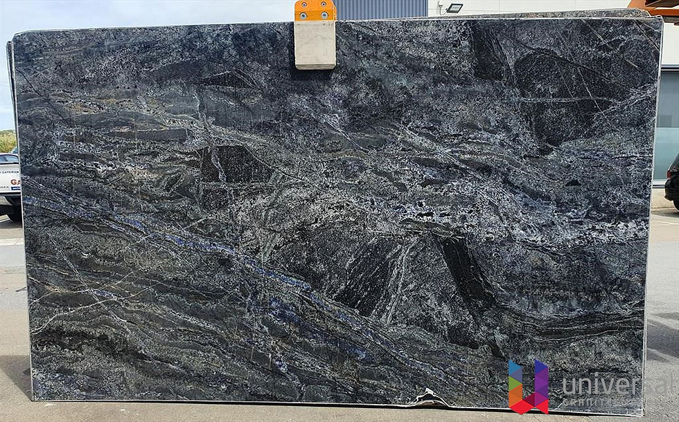 Sodalitus Platinum dark blue-black granite slab with navy, charcoal and soft silver mineral movement.