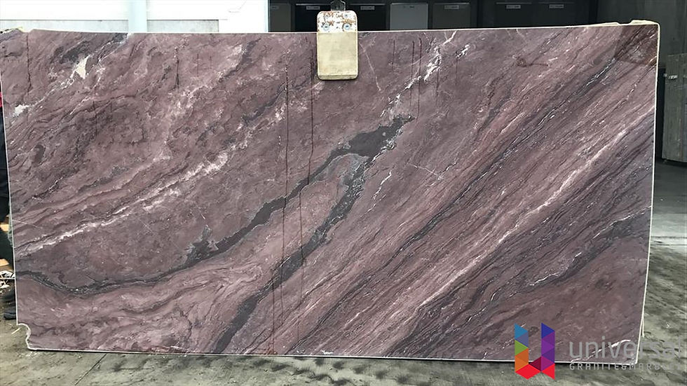 Serata Brown Mid quartzite slab with muted mauve-brown, taupe and smoky grey directional bands.