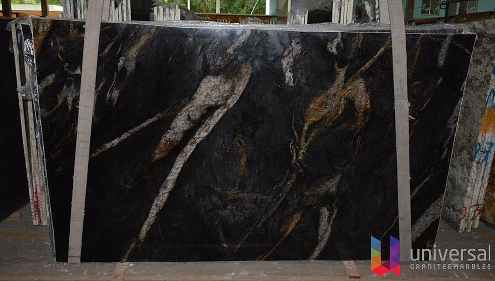 Preto Belvedere Deluxe black marble slab with sweeping white, warm gold and smoky mineral movement.