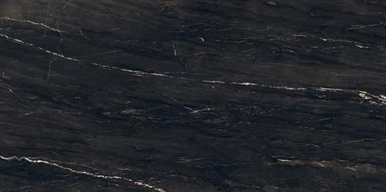 Ascale Belvedere Black porcelain stone surface with a rich black base intersected by fine pale and warm-gold veining