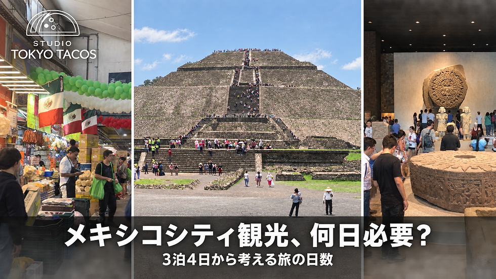 メキシコシティの市場・テオティワカン・博物館の写真を組み合わせた観光日数ガイドのアイキャッチ