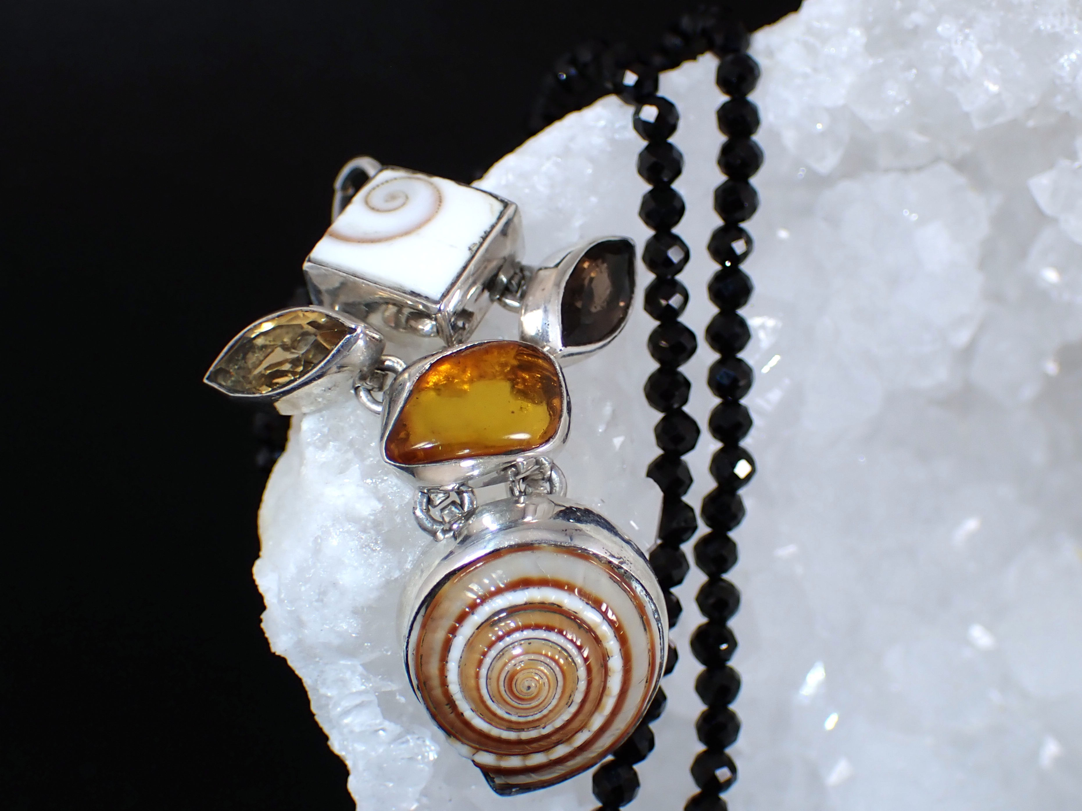 Vintage Sterling Black Crystal Chain Nautilus Citrine Amber Pendant Necklace