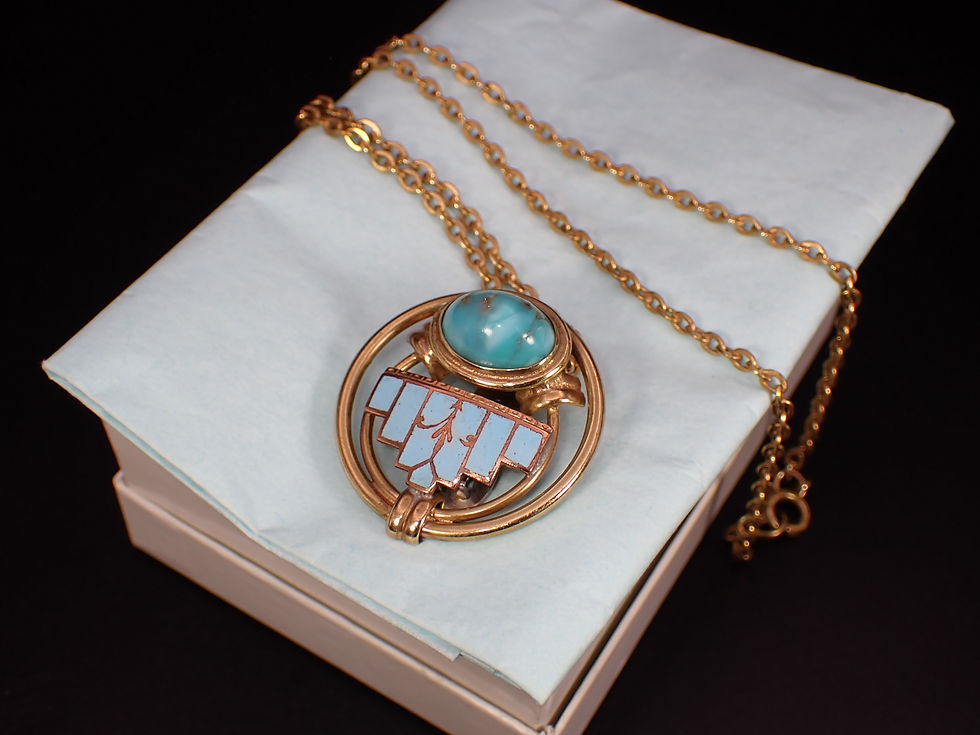 Thumbnail: Antique Brass Blue Art Glass Cabochon & Enamel Fur Clip Pendant Necklace