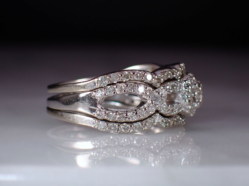 Thumbnail: Vintage 10K White Gold Diamond Halo Wavy Multi Band Wedding & Engagement Set