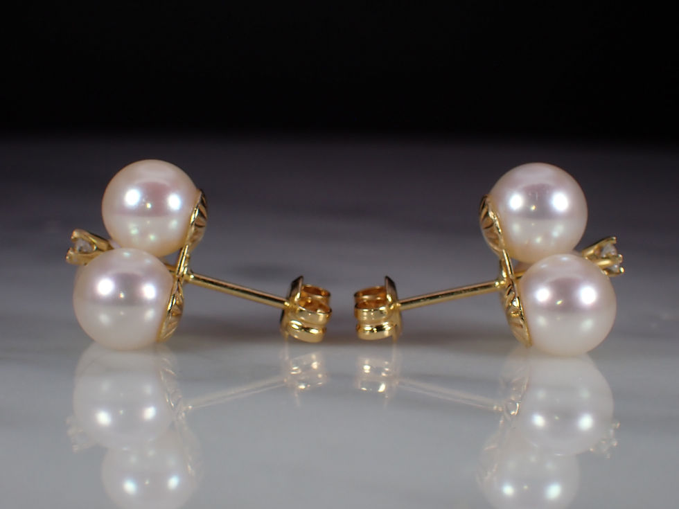 Thumbnail: Triple White Pearl & Tiny Diamond Vintage 14K Yellow Gold Stud Earrings