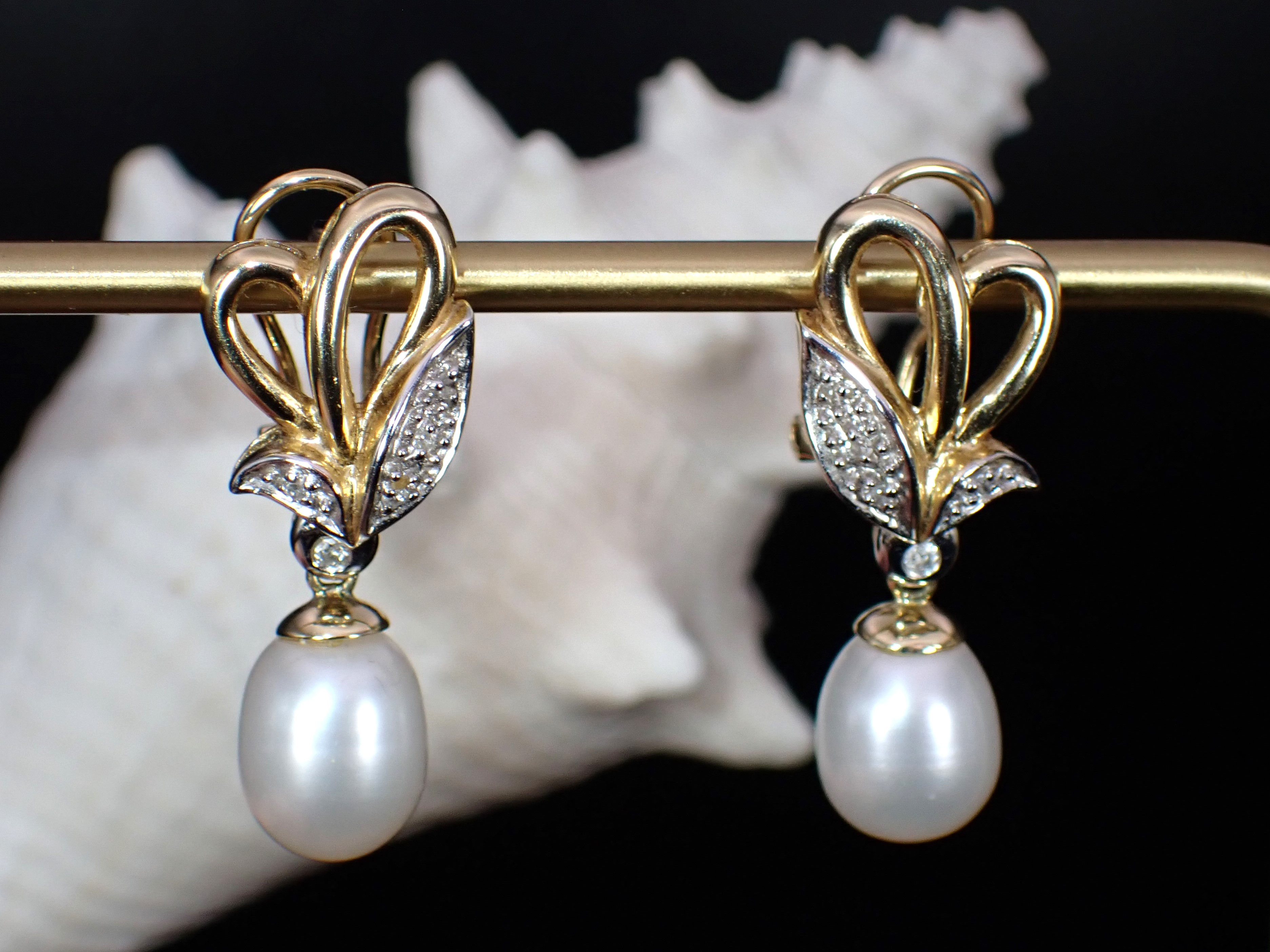 Vintage 14K Yellow Gold Floral Design Dangle Pearl & Diamond Omega Back Earrings