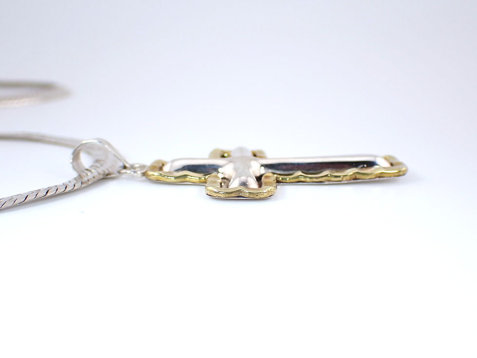 Thumbnail: Vintage Sterling Silver & Brass Large Puffed Crimped Cross Pendant Necklace