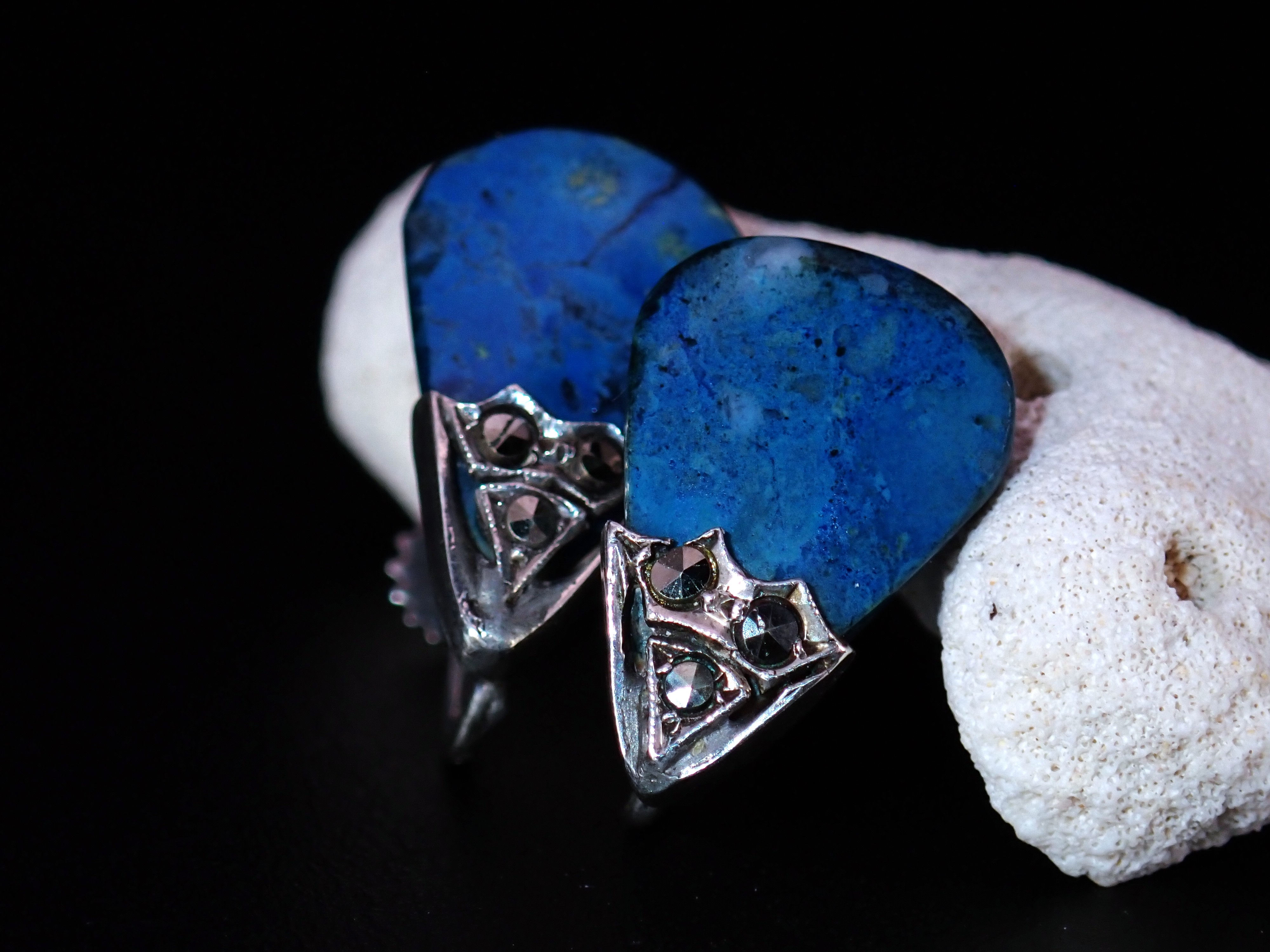 Vintage Sterling Silver Blue Azurite Marcasite Screw Back Earrings Germany