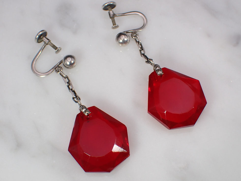 Thumbnail: Antique Sterling Silver Red Glass Belle Epoque Screw Back Earrings
