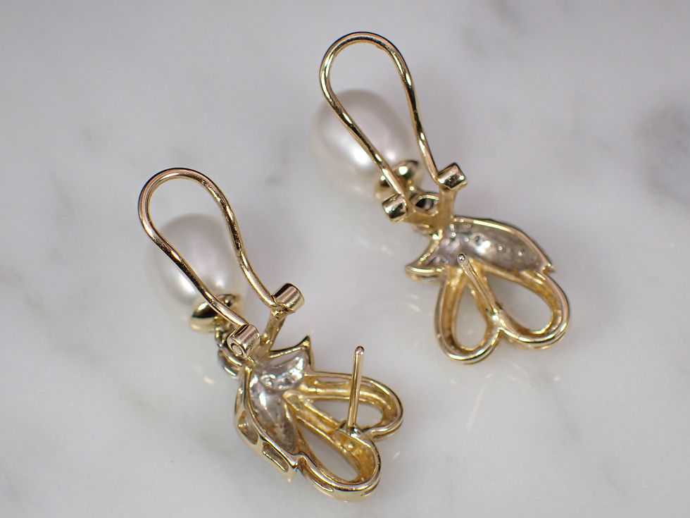 Thumbnail: Vintage 14K Yellow Gold Floral Design Dangle Pearl & Diamond Omega Back Earrings