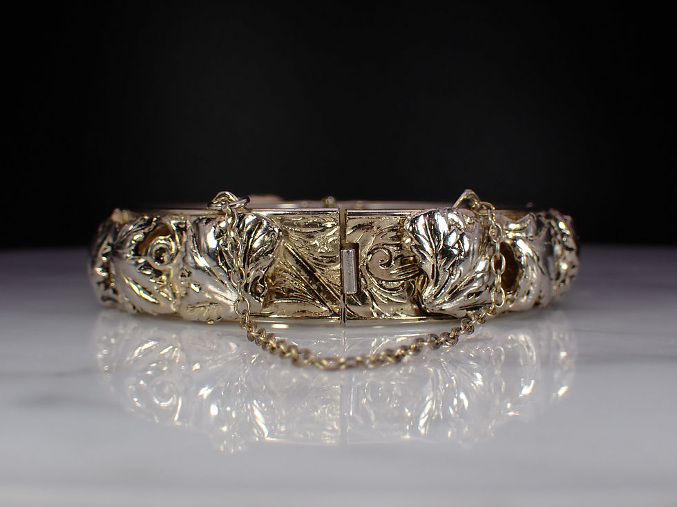 Thumbnail: 1/2" Wide Gold Tone Victorian Style Leaf Repousse Hinged Bangle Wedding Bracelet