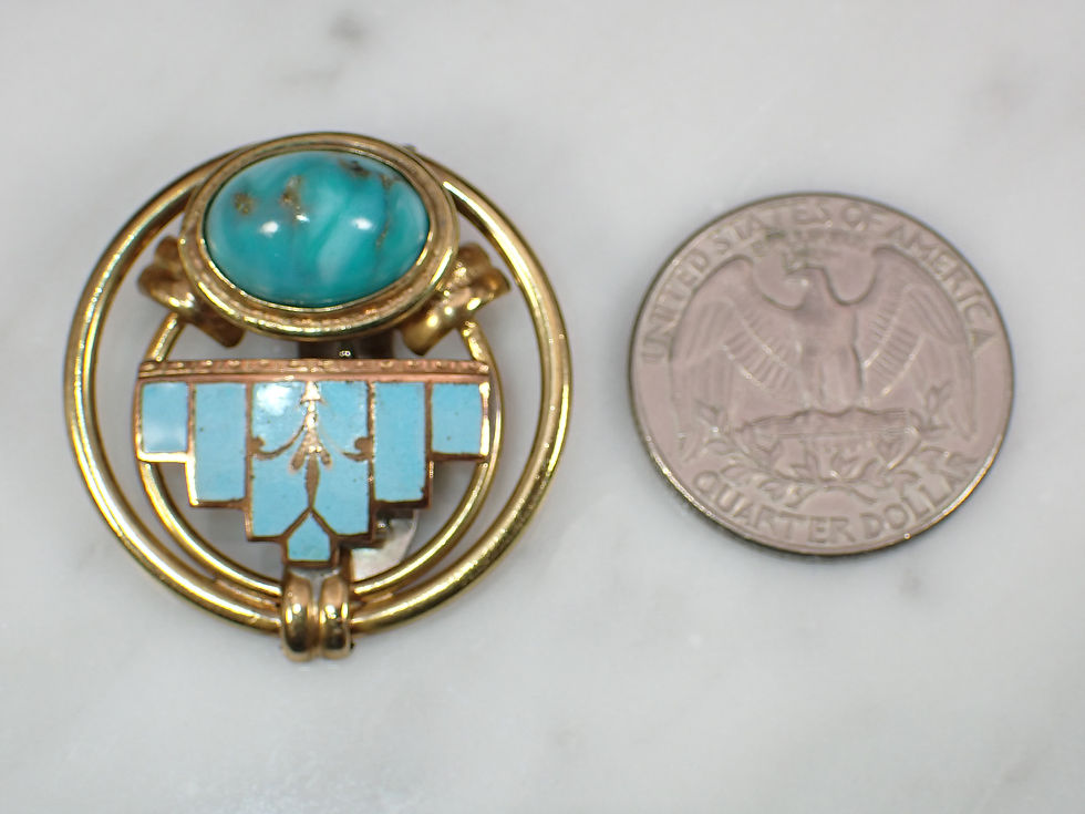 Thumbnail: Antique Brass Blue Art Glass Cabochon & Enamel Fur Clip Pendant Necklace