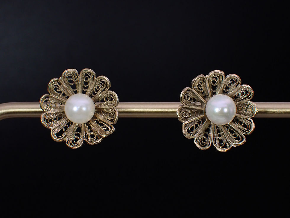 Thumbnail: Antique Cultured White Freshwater Pearl 14K Yellow Gold Basket Stud Earrings