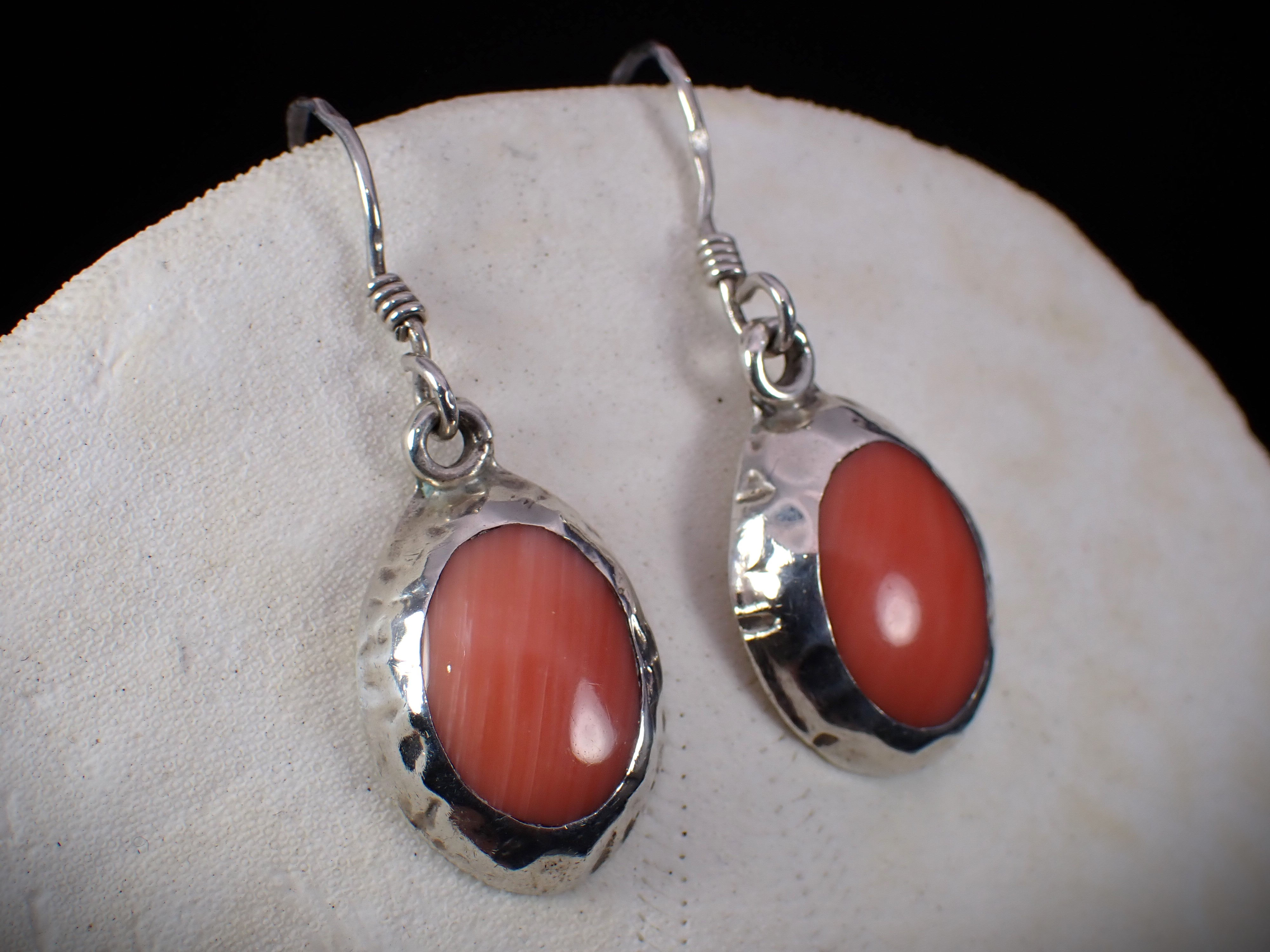 Vintage Sterling Silver Oval Angel Skin Coral Lightweight Drop Dangle Earrings