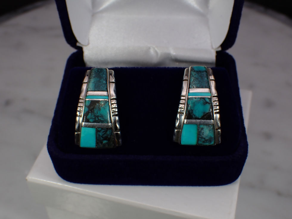 Thumbnail: Vintage First American Traders Sterling Silver Turquoise Inlay Stud Earrings