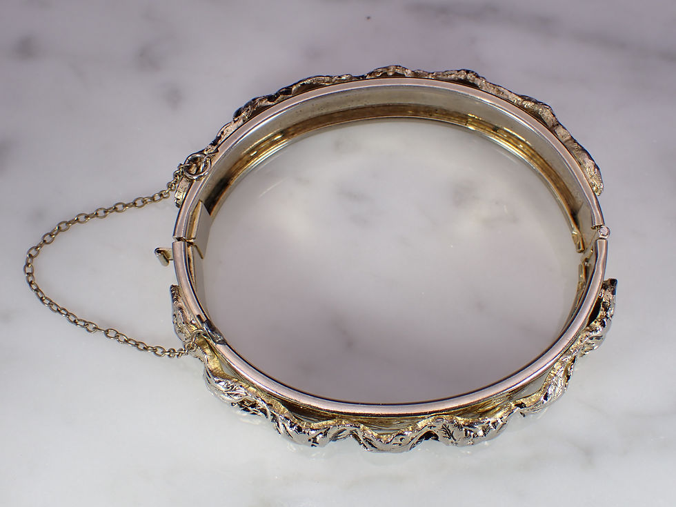 Thumbnail: 1/2" Wide Gold Tone Victorian Style Leaf Repousse Hinged Bangle Wedding Bracelet