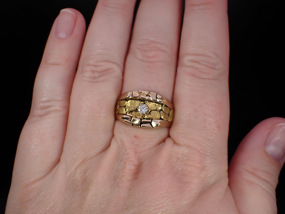 Thumbnail: Vintage 14K Yellow Gold 20K Nugget & Diamond Mens Statement Ring