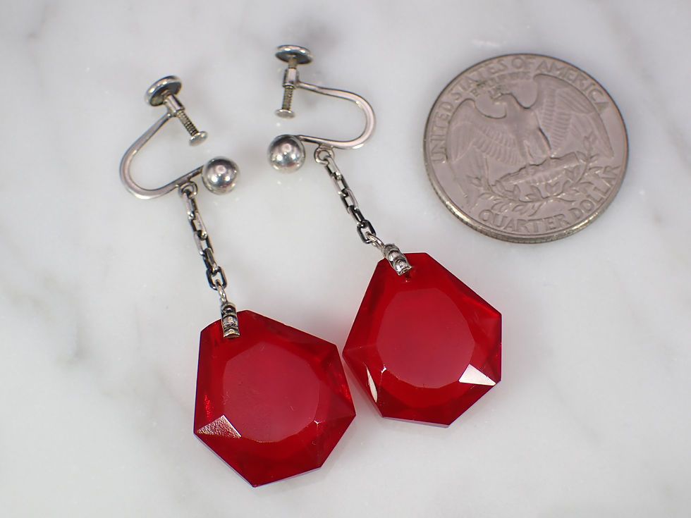Thumbnail: Antique Sterling Silver Red Glass Belle Epoque Screw Back Earrings