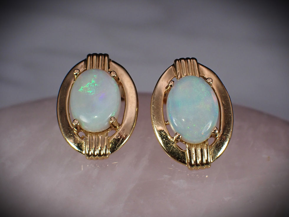 Thumbnail: Vintage 14K Yellow Gold Oval Crystal Opal Linear Design Fancy Stud Earrings