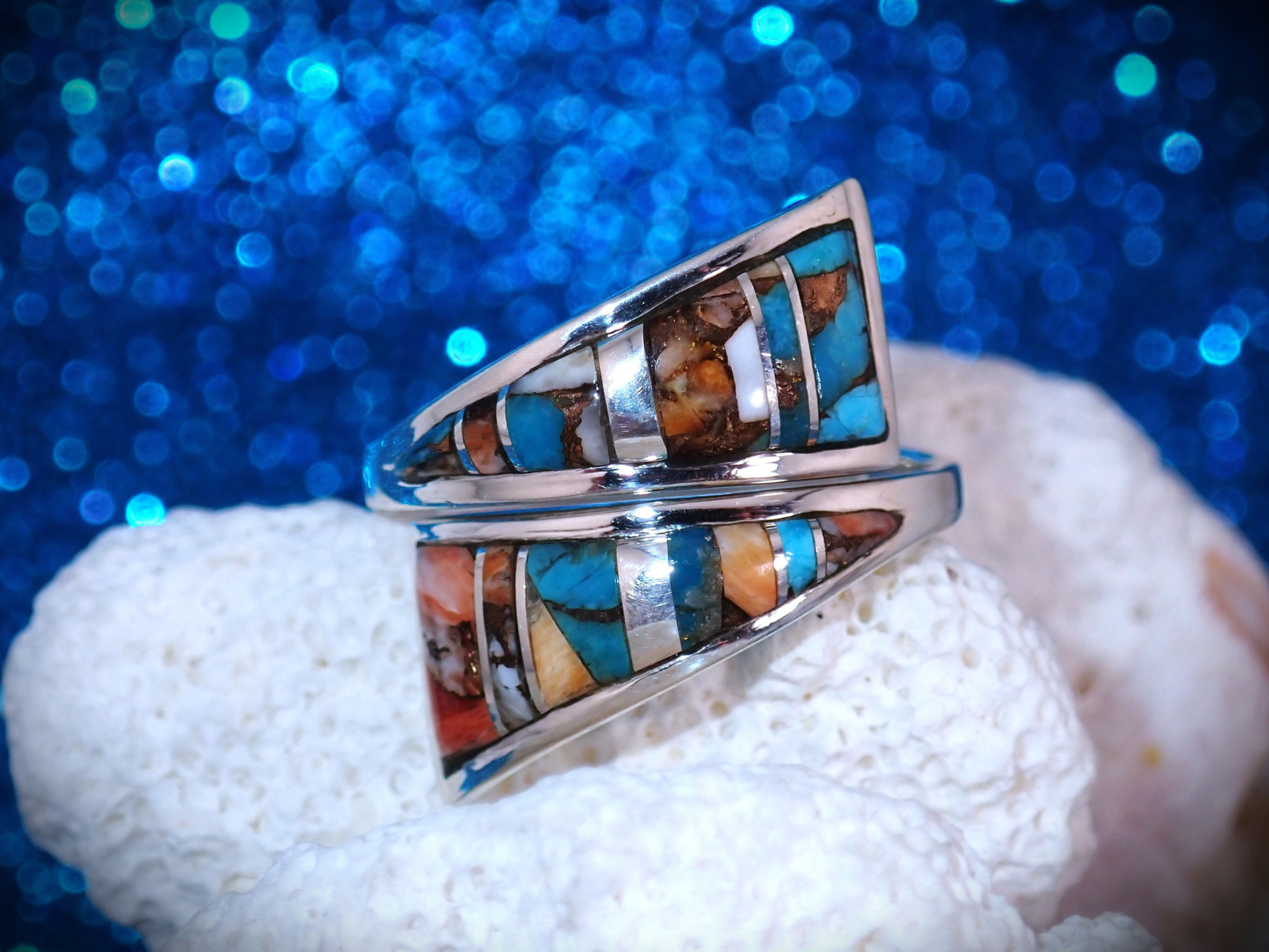 Vintage Turquoise & Spiny Oyster Inlay Sterling Silver Bypass Ring