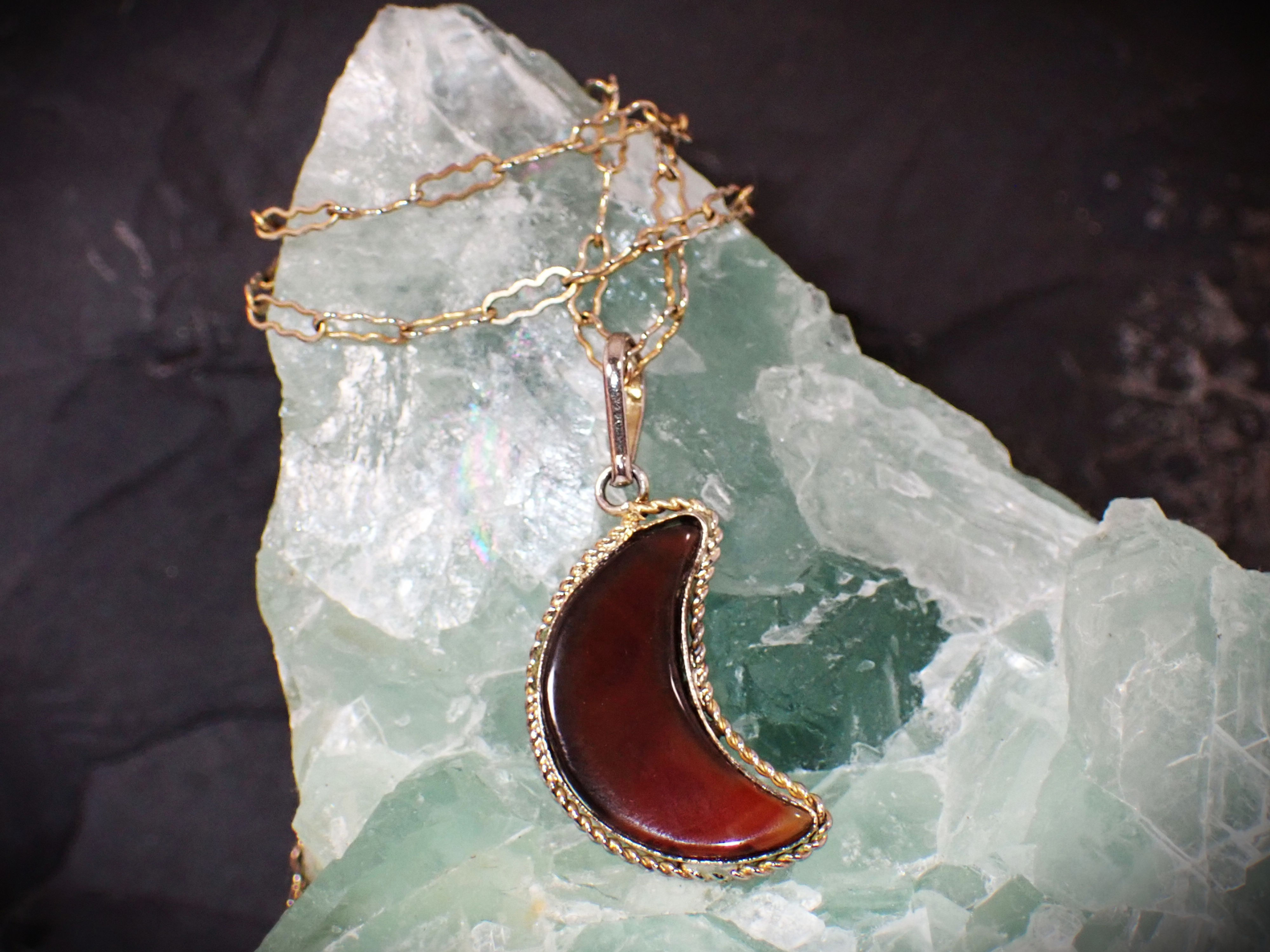 Gold Tone Peanut Link Chain with Brown Agate Crescent Moon Pendant Necklace