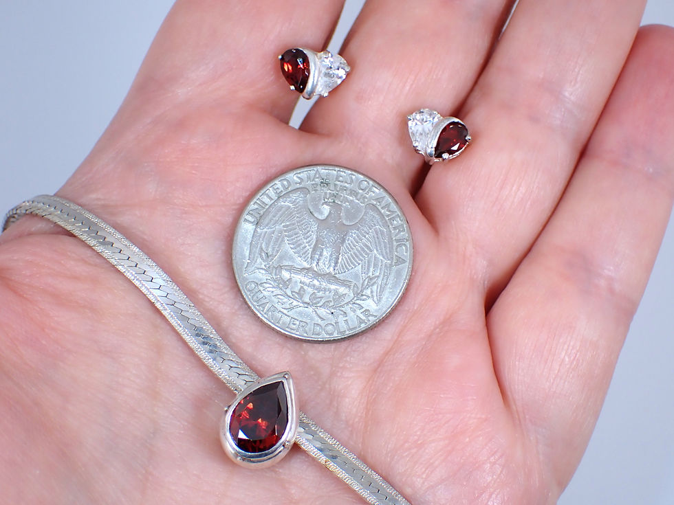 Thumbnail: Vintage Sterling Silver Red Garnet White Topaz Teardrop Necklace & Earrings Set