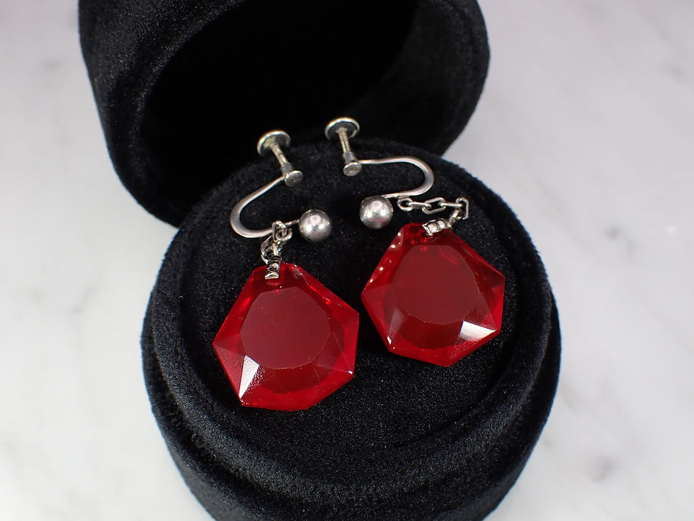 Thumbnail: Antique Sterling Silver Red Glass Belle Epoque Screw Back Earrings