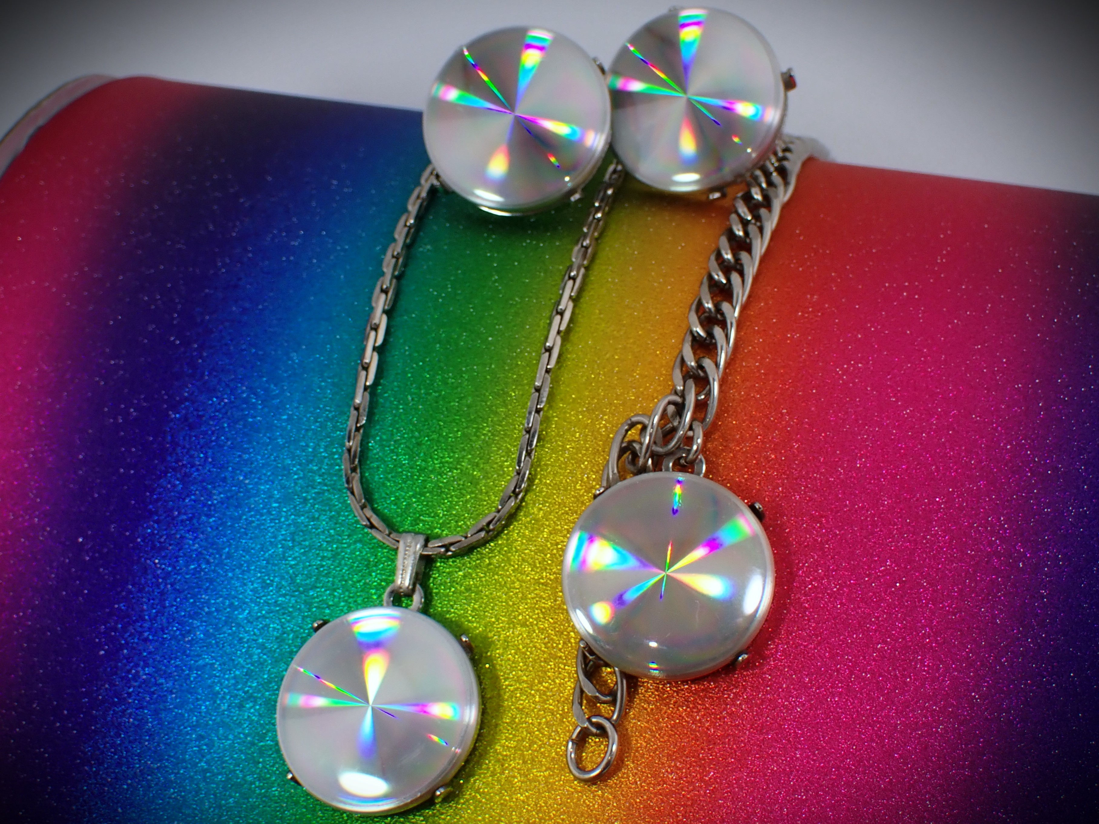 Vintage Demi-Parure Holographic Disc Clip-On Earrings Bracelet Necklace